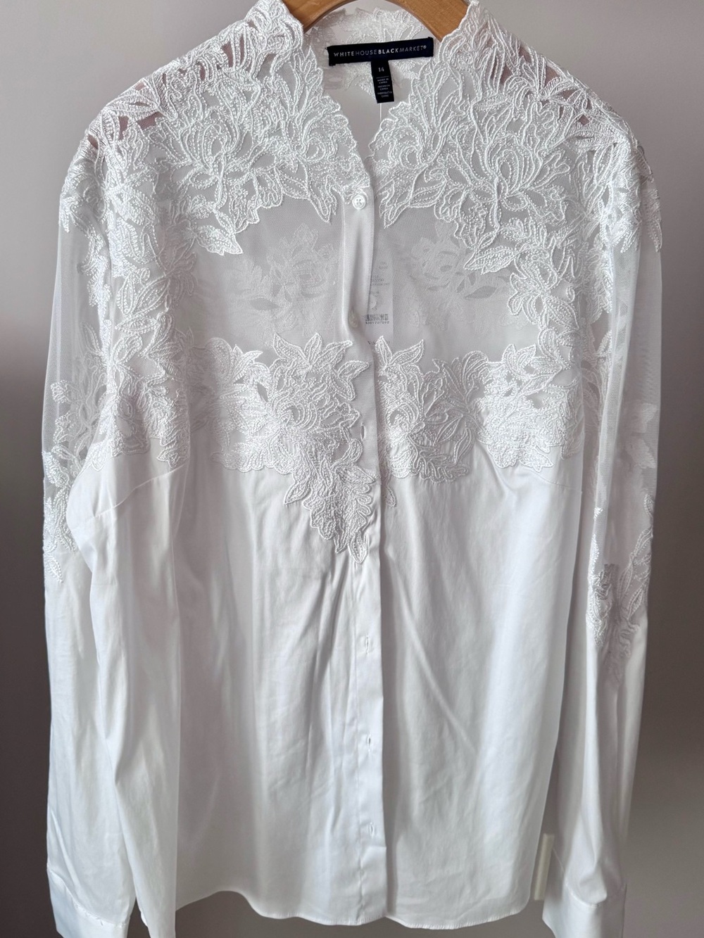 White House Black Market White Lace-Embroidered Button Front Blouse